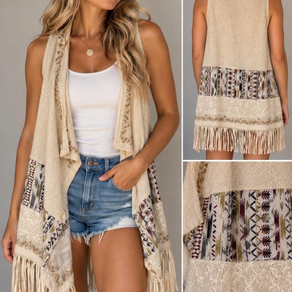 🤎 Miss Me Aztec Boho Fringe Vest — Size M